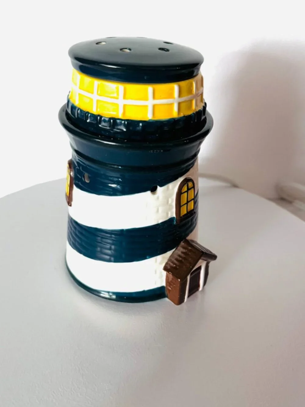 Retired Scentsy Nautical Lighthouse Blue White Ceramic Wax Warmer  TESTED